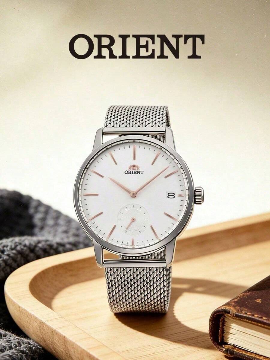 Men's ORIENT Quartz Watch, Silver Stainless Steel Strap, Clean White Dial, Rose Gold Stick Markers, Minimalist Slim Dress Watch For Business & Daily - Silver - View 1
