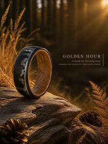 1pc 8mm-Wide Tungsten Carbide Trees Forest Hunting Dear Lasered Silver Black Whiskey Barrel Wood Ring For Wedding,Exquisite Men's Accessory Jewelry - Black - View 6