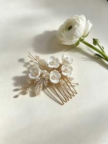 Gentle Style Ceramic Flower & Pearl Hair Pin, Bridal Wedding Dress Updo Hair Accessory, Daily Atmospheric Hair Comb - Gold - View 7