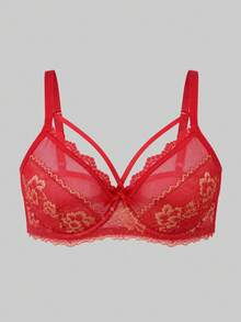 Women's Red Floral Lace Underwire Bra, Sheer Mesh Lingerie, With Shoulder Strap Details, Bright Red Embroidered Lingerie Top - Red - View 5