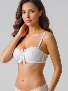 Heart-Shaped Jacquard Underwire Half Cup Bra, With Satin Bow, Detachable Shoulder Straps, Push-Up Bandeau Lingerie - White - View 3