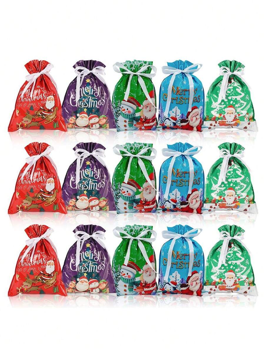 5件/1件裝聖誕主題抽繩禮物袋,印有「Merry Christmas」、雪人、聖誕老人和馴鹿圖案,適合包裝聖誕禮物、紀念品和派對小禮,也適用於新年派對 - 均碼 - 查看 1