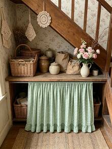 1PC Green And White Plaid Ruffle Table Skirt, Vintage Country Style, Suitable For Kitchen Sink, Laundry Area Shelves, Small Windows, Rod-Style Curtain To Hide Clutter - Green - View 4