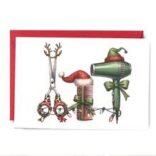 1PC Exquisite Christmas Greeting Card, Hairdressing Tools Pattern, Featuring Hair Dryer Comb And Scissors Decorated With Festive Elements, Suitable For Hair Stylists, Illustrated Christmas Greeting Card (12cm/4.7inx17cm/6.7in) - Multicolor - View 8