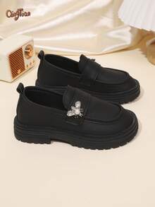 1 Pair Fashionable Cute Bow PU Pearl Hook Loop Non-Slip Durable Comfortable Versatile Girls' Flat Shoes, Suitable For Spring/Autumn Outdoor, Daily, Party And School Wear, Mary Jane Loafers - Black - View 4