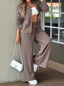 LUNNELUX Women Fall Solid 2 Pieces Lapel Single Button Blazer & High Waist Wide Leg Pants Set, Elegant Office Streetwear 2 Pieces Outfits - Brown - View 7