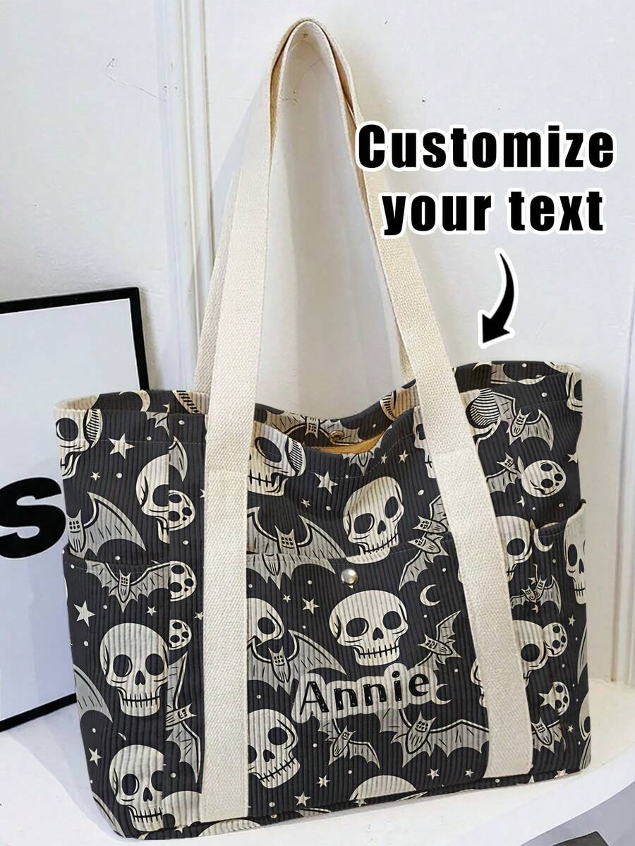1pc Custom Text Halloween Theme Print Large Capacity Corduroy Tote Bag,Front Snap,Multi Pockets Wide Shoulder Strap,For School Travel Party Daily Gift - Black - View 1