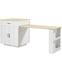 Extendable Bar Table With Storage (133-202 * 70 * 93.5), With Two Drawers And Four Compartments, Expandable Kitchen Island Table 2-6 People, Kitchen Dining Cart With Side Shelves, White. - White + MDF - View 11