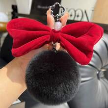 Soft Velvet Bow Large Pom Pom Keychain, Faux Rabbit Fur Pom Pom Bag Charm, Girly Bag Pendant, Best Friend Small Gift - Multicolor - View 7