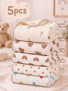 5pcs Premium Cotton Gauze 4-Layer Baby Washcloths, Ultra Soft Absorbent Burp Cloths, Reusable Face Towels, Suitable For Newborns, Infants, Essential For Nursery And Daily Care - Multicolor - View 1