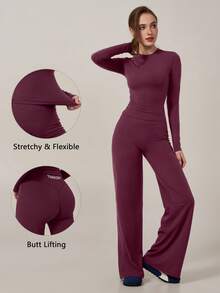 TimeOff Women's One Set Solid Color Round Neck Slim Fit Long Sleeve Top High Waist Butt-Lifting Flared Pants - Purple - View 10