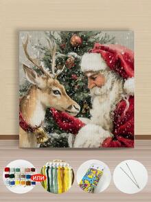 11/14CT Printed Cross-Stitch Kit. Father Christmas And His Reindeer A Relaxing DIY Project For Adult Beginners. Includes Fabric, Needles, Threads, And A Chart. Handmade Wall Art-Perfect As A Gift. 40x40cm/15.7x15.7in. - 40x40cm/15.7x15.7in. - View 3