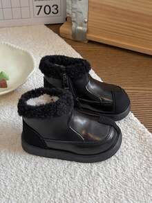 Vintage Patchwork Kids Thermal Lined Ankle Boots, Round Toe Side Zipper Thick Sole Anti-Slip Comfortable Baby Winter Boots - Black - View 1
