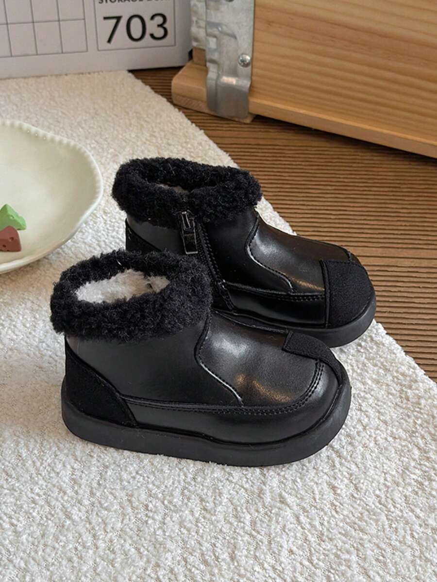 Vintage Patchwork Kids Thermal Lined Ankle Boots, Round Toe Side Zipper Thick Sole Anti-Slip Comfortable Baby Winter Boots - Black - View 1