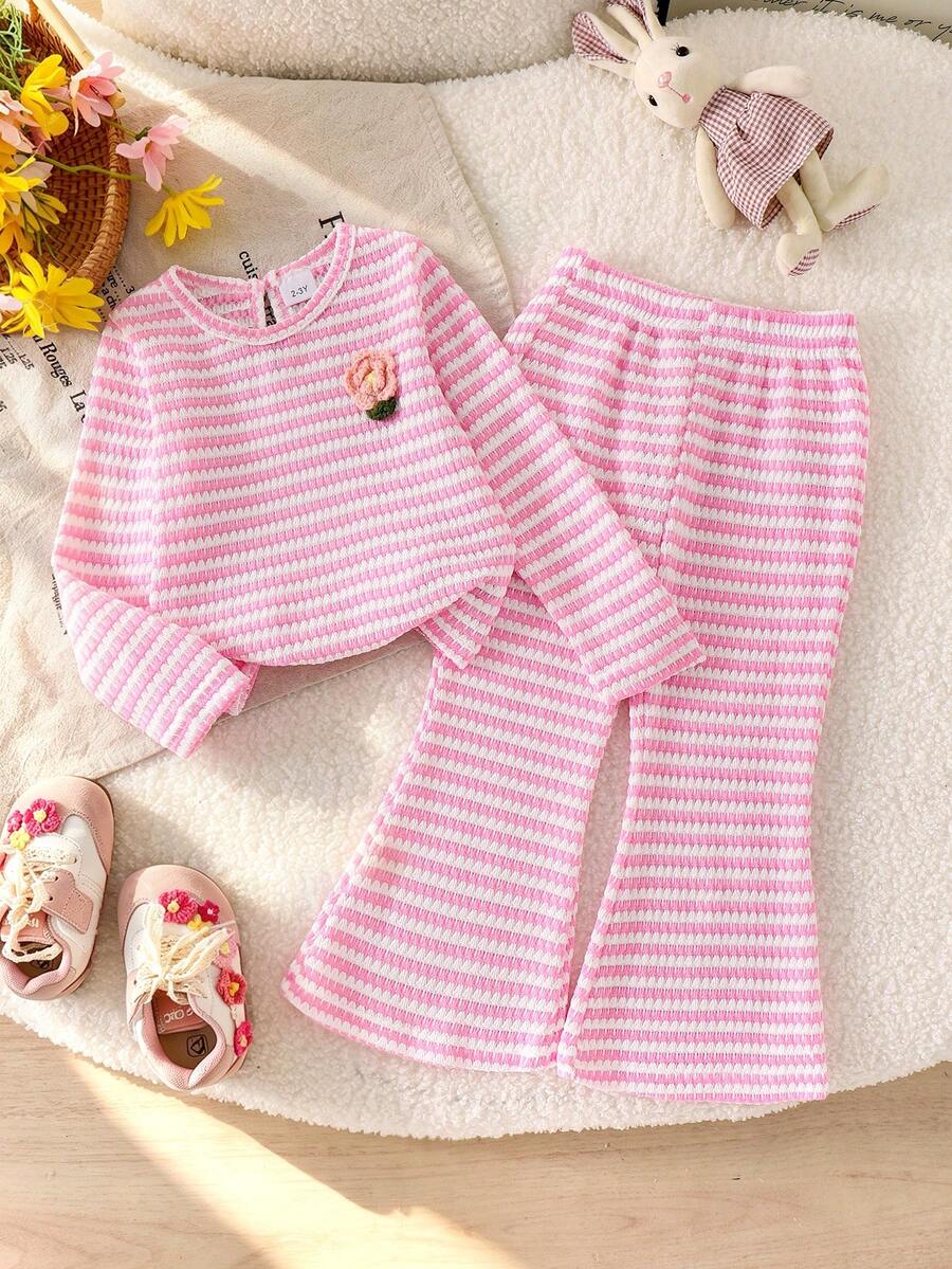 2pcs/Set Baby Girl Cute Sporty Pink & White Striped Plush Floral Long Sleeve Top & Long Pants Set, Spring/Autumn - Multicolor - View 1
