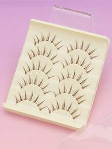 5 Pairs Brown Wheat Ear Full Strip False Eyelashes, Sharp Tips, Thin Natural Look, Soft Stem, Reusable Makeup Lashes, Includes Eyelash Applicator And Brush - Brown - View 3