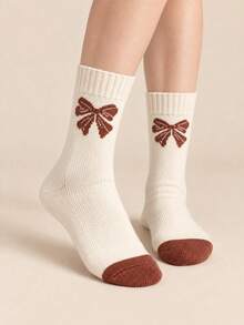 4 Pairs Women's Autumn/Winter Vintage Brown Tone Mid-Calf Socks, Striped Bowknot Colorblock Design, Casual Versatile Ribbed Socks - Multicolor - View 5