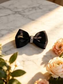1 Pair Korean Style Premium Black Polyester Ribbon Bow With Rhinestone Shoe Flower Decor, Detachable Versatile Women's Shoe Accessory/Shoe Flower Only, Shoes Not Included - Black - View 6