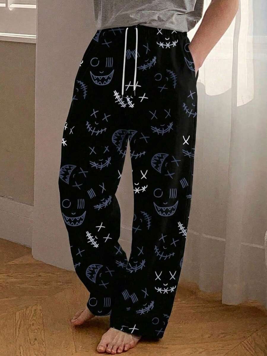 DAZY 男士描趣味表情印花休闲裤,带抽绳腰带和口袋,适合居家休闲或睡衣穿着。 - 黑色 - 查看 1