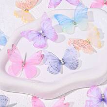 10pcs 3D Double Layer Sheer Mesh Butterfly Appliques With Rhinestones, Gradient Color Polyester Butterfly Charms For Hair Clips, DIY Wedding Craft - Butterfly - View 7