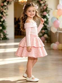 Girls Sweet Cute 2 Pieces Set, Bow Spaghetti Strap Shoulder Strap Lapel Long Sleeve Top With 3D Floral Double Layer Ruffle Skirt, Princess Style Outfit - Pink - View 1