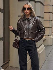 Women's Short PU Zipper Jacket, Coffee Color, Pockets, Versatile For Daily Wear And Dating - Coffee Brown - View 2