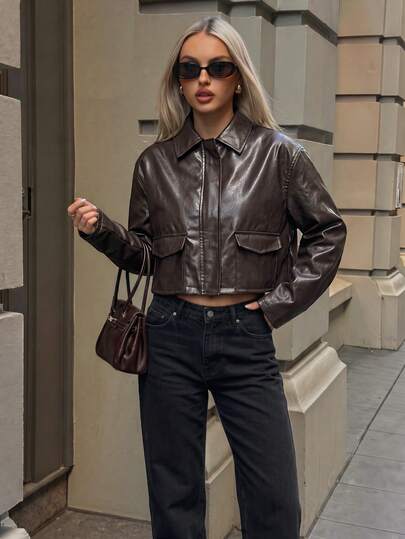 Chaqueta corta de PU con cremallera para mujer, color café, con bolsillos, versátil para uso diario y citas