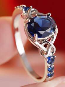 Gmzalx Women's Vintage Hollow Interwoven Design Ring, Inlaid With Blue Synthetic Zirconia, Elegant And Luxurious Finger Ring, Suitable For Daily Commute And Dating - Silver - View 8