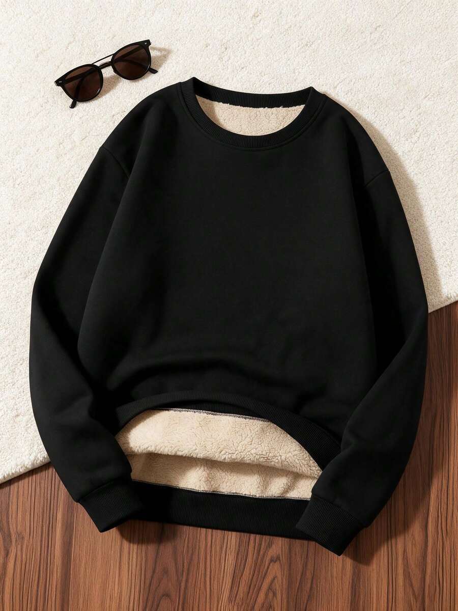 Men's Autumn/Winter Casual Solid Color Minimalist Thermal Lined Lambswool Sweater - Black - View 1