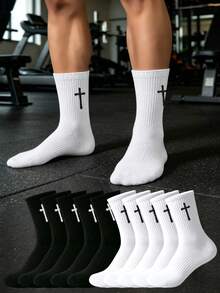 1/5/10/20 Pairs Of Men's Black/White Gothic Cross Sports Socks,Sweat Wicking/Breathable,Suitable For All Seasons.Perfect For Sports,Running,Fitness - Multicolor - View 2