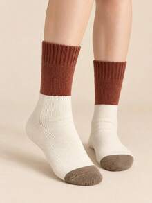 4 Pairs Women's Autumn/Winter Vintage Brown Tone Mid-Calf Socks, Striped Bowknot Colorblock Design, Casual Versatile Ribbed Socks - Multicolor - View 6