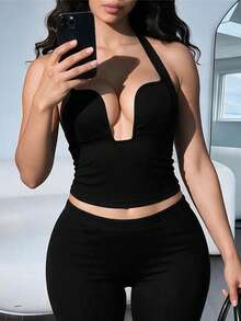 Sexy Women's Asymmetrical Hollow Out Halter Crop Top - Black - View 2