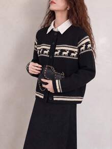Women's Vintage Autumn/Winter Reindeer Pattern Knit Cardigan Button Long Sleeve Crew Neck Sweater - Black - View 4