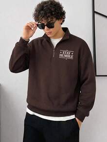 Sweatshirt Polo Kerah Setengah Resleting Motif Elemen Inggris untuk Pria, Cocok untuk Pakaian Sosial Sehari-hari, Cocok untuk Musim Gugur/Dingin - Coklat - View 3