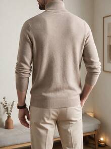 Men's High Neck Cable Knit Argyle Pattern Sweater, Crew Neck Simple Casual Style, Business Commute Inner Layer Outer Wear Knit Top, Two-Collar Design - Apricot - View 7