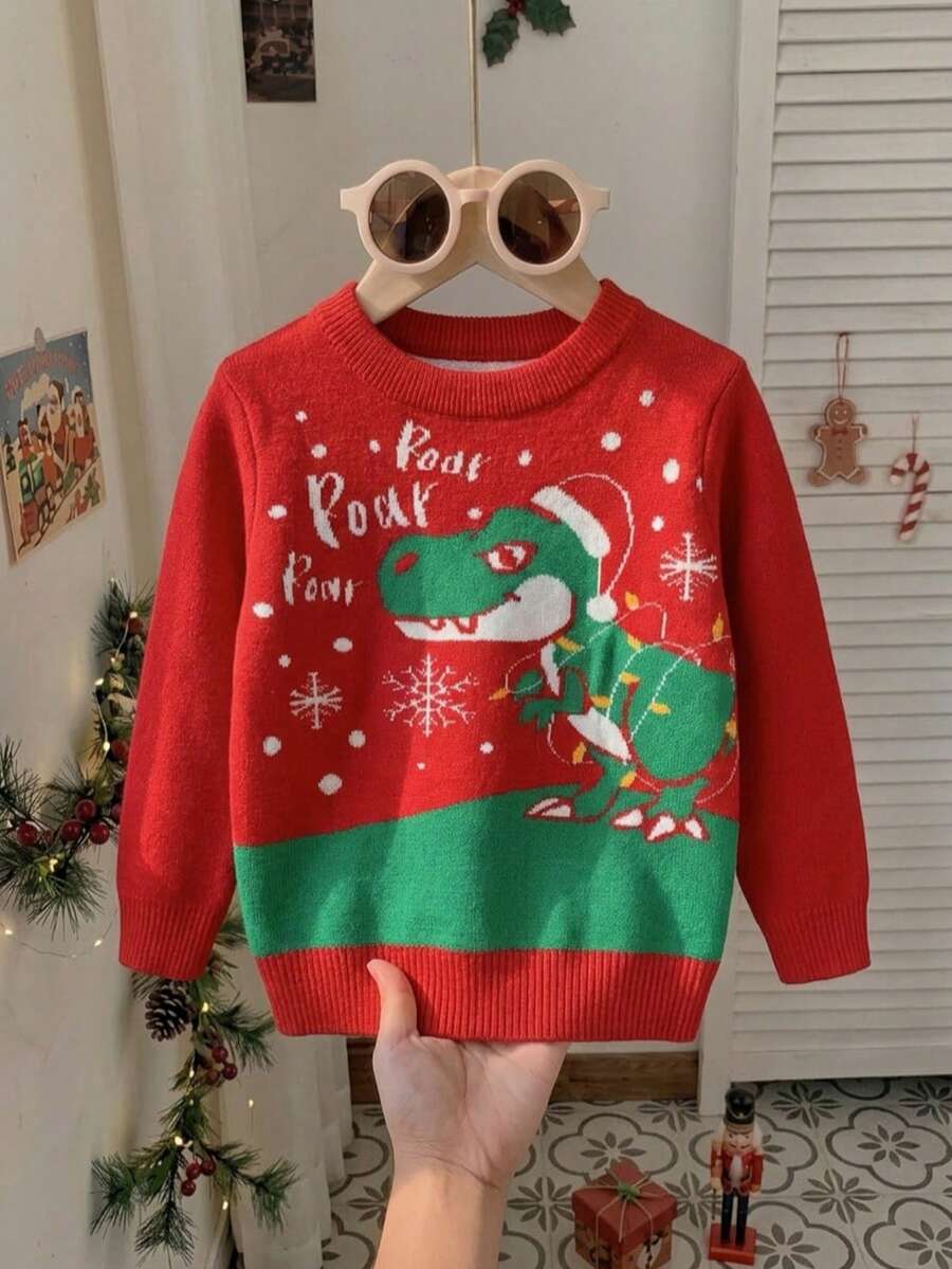 Boys' Christmas Knit Sweater With Dinosaur Pattern Jacquard Round Neck Long Sleeve Pullover For Autumn And Winter - Red - View 1
