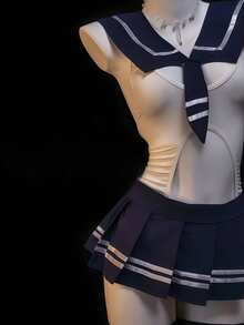 Sailor Collar JK 2 Pieces Set Sleeveless Jumpsuit Pleated Mini Skirt School Style Cosplay Party Stage Costume - Blue and White - View 3
