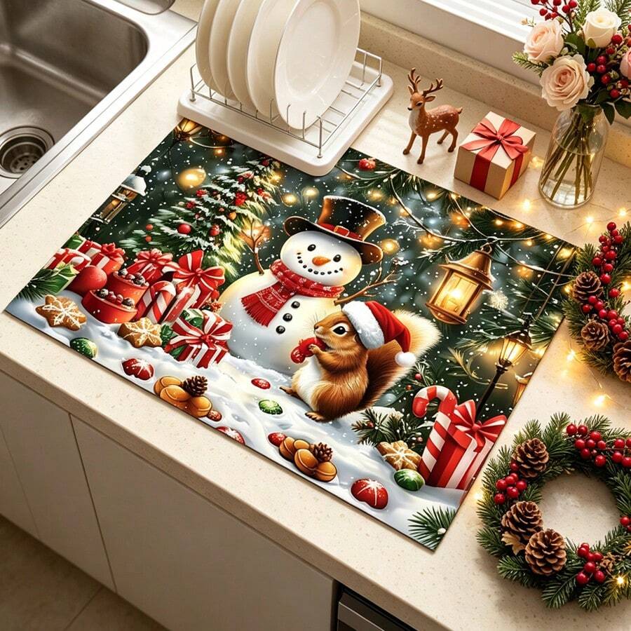 1pc Dish Drying Mat, Coffee Machine Mat, Christmas Pattern Dish Drying Mat, Christmas Atmosphere Tabletop Protector Mat, Christmas Theme Holiday Decoration Mat, Multi-Purpose Drying Mat, Home Gift, Tabletop Decor