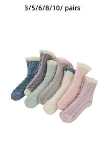 Coral Fleece Socks No Shedding Winter Colorblock Cable Knit Super Soft Sleeping Women's Mid-Calf Warm Floor Socks - Multicolor - View 5