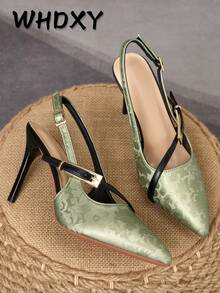 Chinese Style Retro Jacquard High Heel Shoes For Women, Green Satin Pointed Toe Slingback Stiletto Strap Evening Dress Sandals - Green - View 1