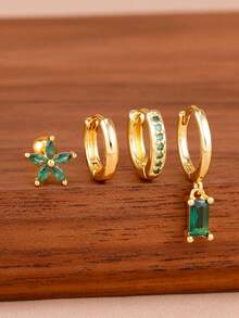4PCS Light Luxury Geometry Dangle Earrings Set For Women 18K Gold Plated Green Zirconia Flower Ear Stud Elegant Engagement Birthday Jewelry Gift - 1-gold-4pcs - View 2