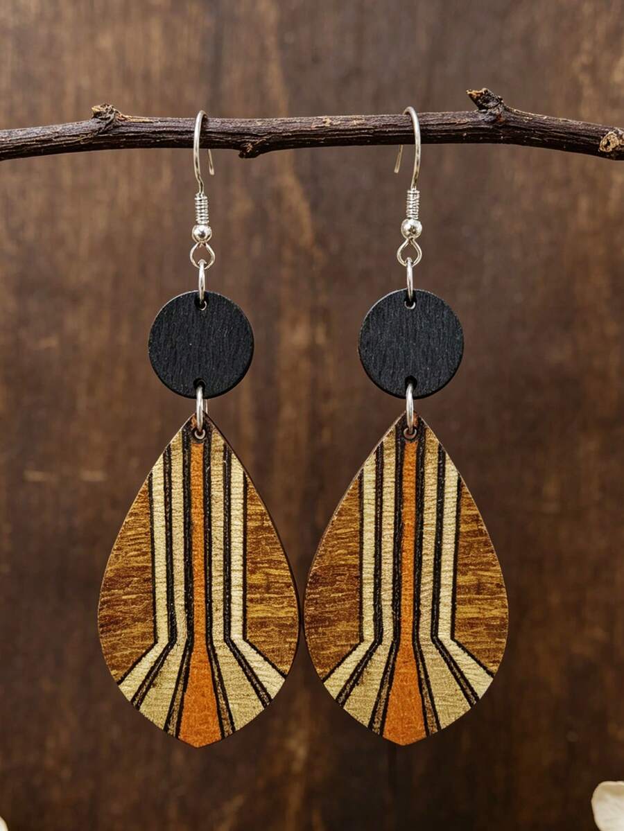 1 Pair Vintage Bohemian Striped Wooden Teardrop Earrings, Geometric Earrings - Multicolor - View 1