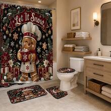 1pc/4pcs Chef Gingerbread Man Pattern Multi-Function Bathroom Decor Shower Curtain Set, Free 12 Hooks, Premium Holiday Atmosphere, Bathroom Mat, U-Shaped Floor Mat And Round Toilet Lid Cover, Suitable For All Occasions Decoration, Bathroom Set - Chef Gingerbread Man - View 4