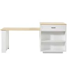Extendable Bar Table With Storage (133-202 * 70 * 93.5), With Two Drawers And Four Compartments, Expandable Kitchen Island Table 2-6 People, Kitchen Dining Cart With Side Shelves, White. - White + MDF - View 10
