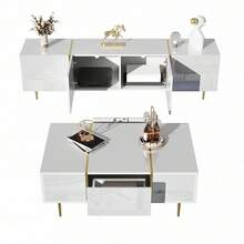 Modern High-Gloss White TV Cabinet And Coffee Table Set - White + MDF + 40-49 Inches - View 10