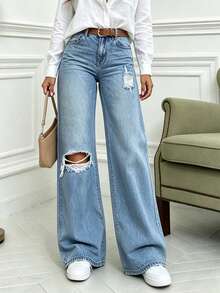 Petite Women's Distressed Cat Whisker Wash Denim Jeans, Suitable For Petite Women Daily Commute, Solid Color With Pockets And Zipper Closure - Medium Wash - View 2