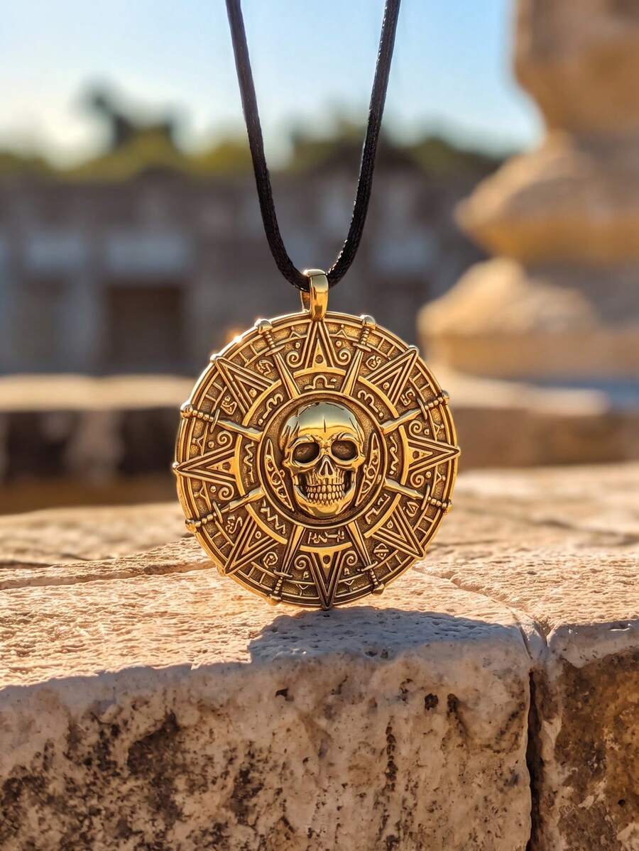 1pc Fashionable Personalized Dark Style Pirate Skull Compass Coin Amulet Pendant Necklace, Men's Gift Choice - Gold - View 1