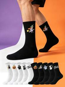 1/5/10 Pairs Random Black & White Mid-Calf Socks, Halloween Pumpkin Witch Pattern Socks, Party Costume Socks - Multicolor - View 1
