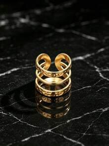 SEEKGLEE 1pc Minimalist Golden Embossed Multi-Ring Open Ring Stylish Statement Jewelry For Women Daily Party Wear - Yellow Gold - View 1