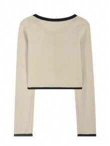 Women's Contrast Color Front Button Long Sleeve Cardigan, Casual Home Wear, Early Autumn - Apricot - View 3